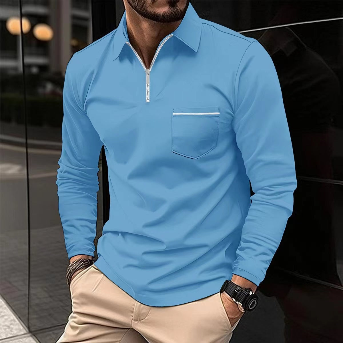 Men's Autumn Long Sleeve Zipper Polo Shirt