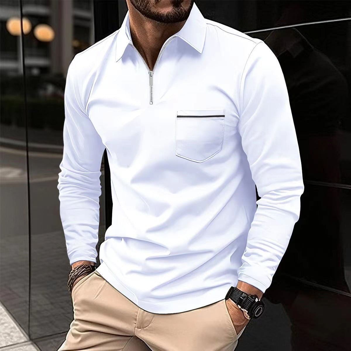 Men's Autumn Long Sleeve Zipper Polo Shirt